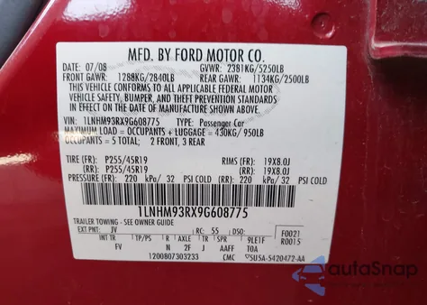 2009 Lincoln Mks из США, поврежденный, VIN 1LNHM93RX9G608775